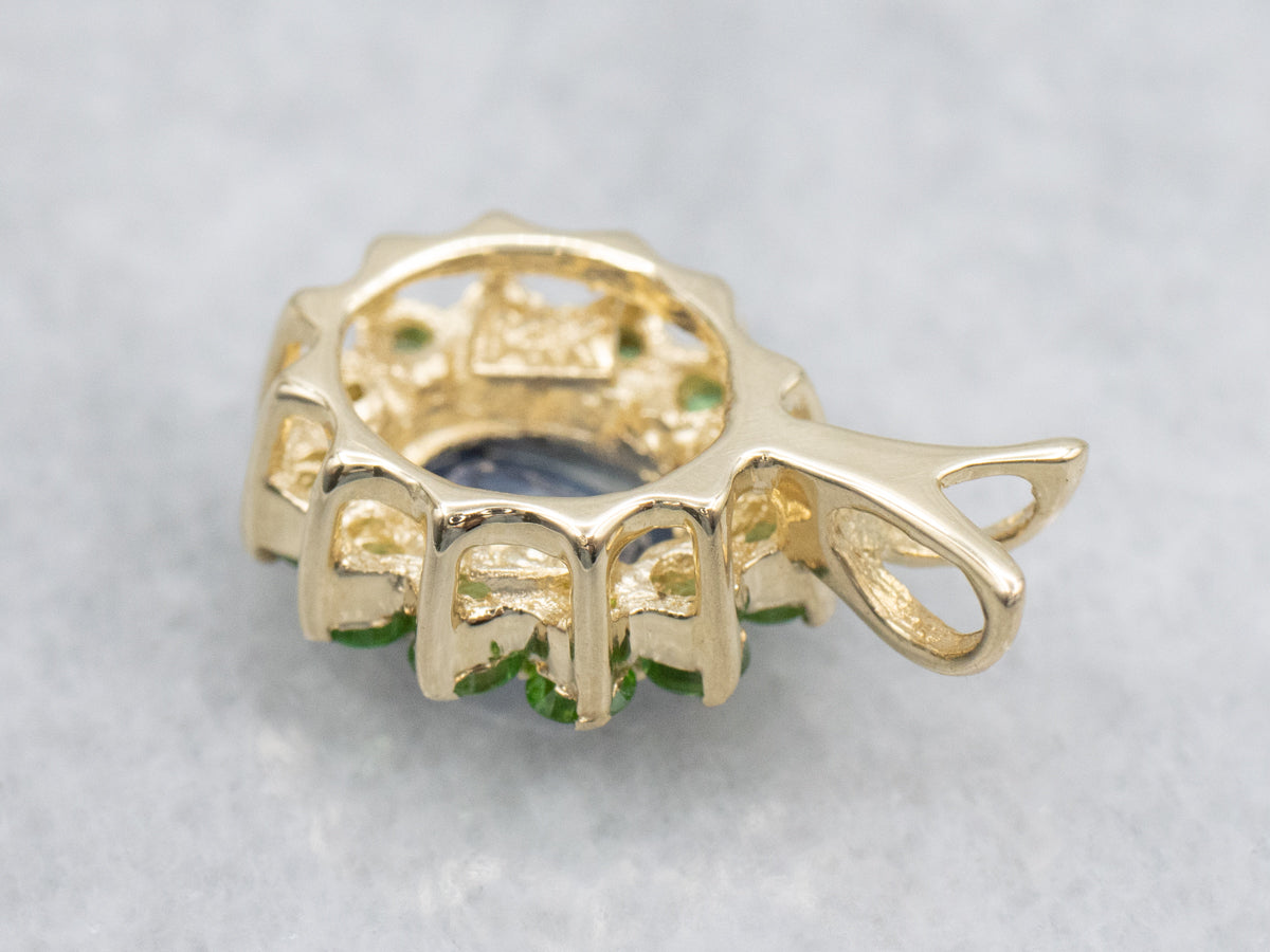 Sapphire and Green Garnet Halo Gold Pendant