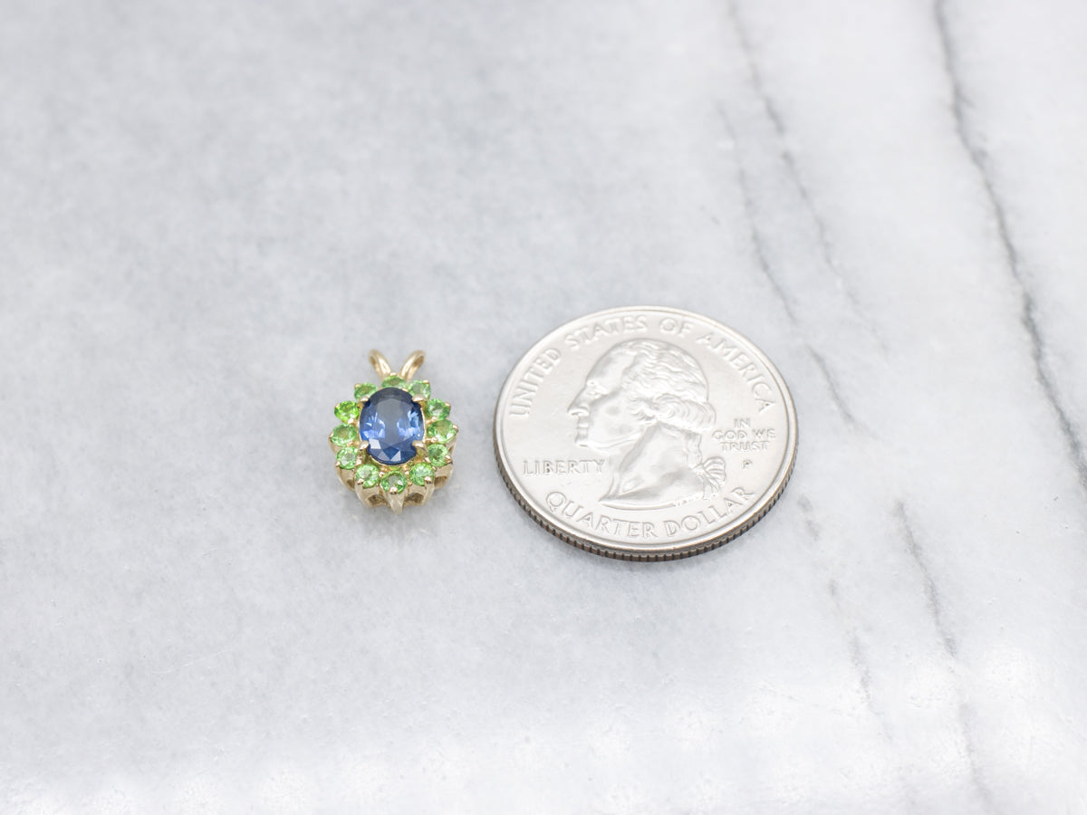 Sapphire and Green Garnet Halo Gold Pendant