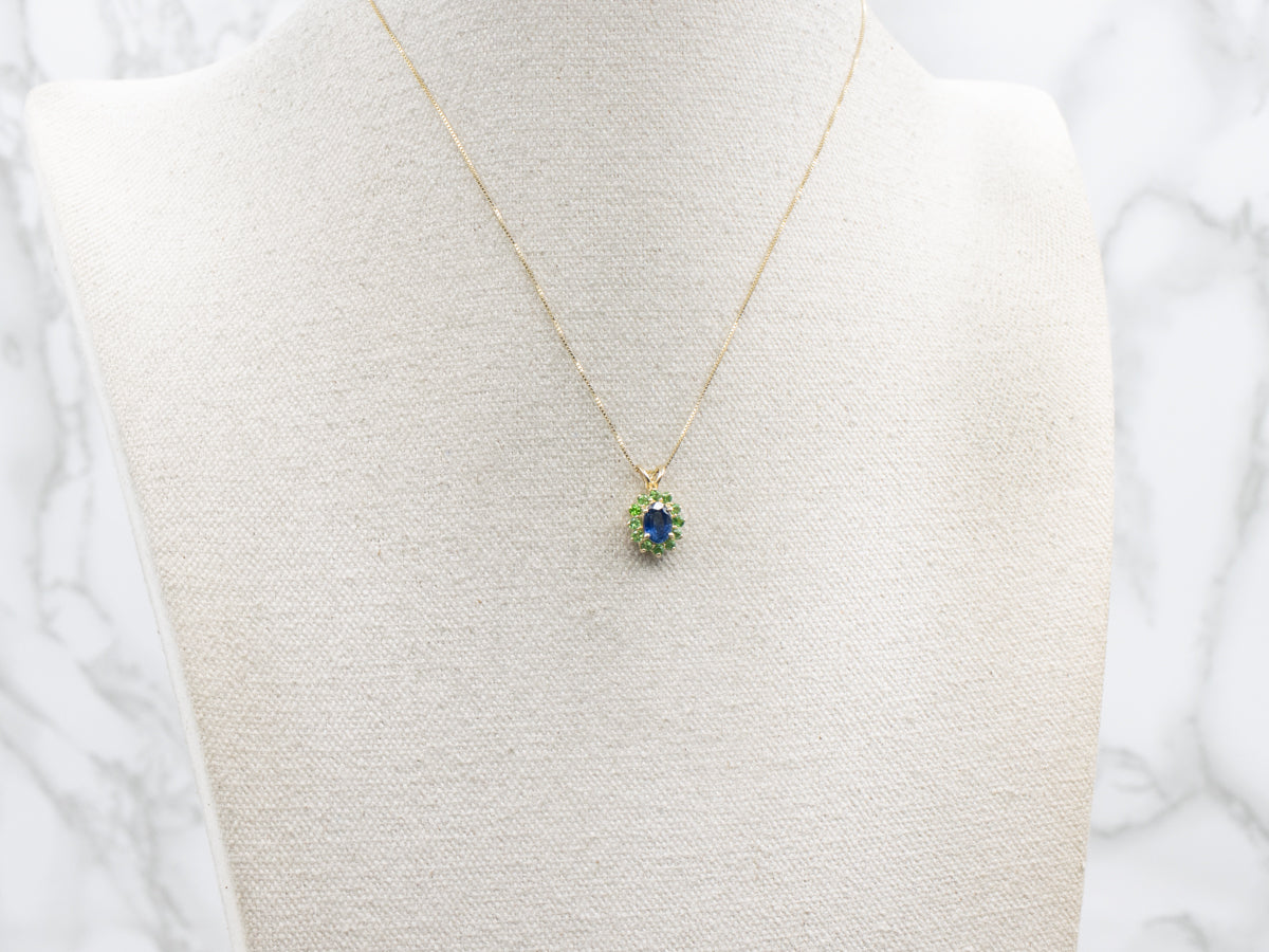 Sapphire and Green Garnet Halo Gold Pendant