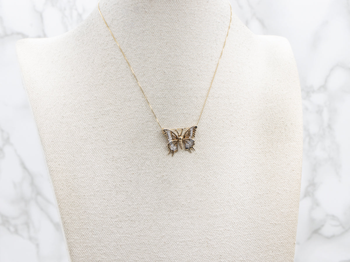 Two-Tone Gold Sparkling Diamond Butterfly Pendant