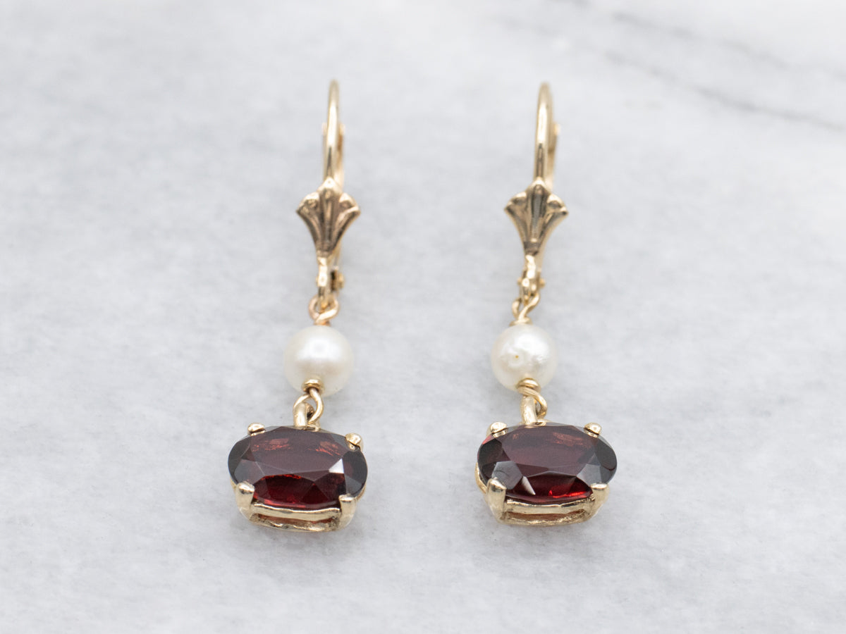 East-to- Set West Garnet and Pearl Drop Earrings