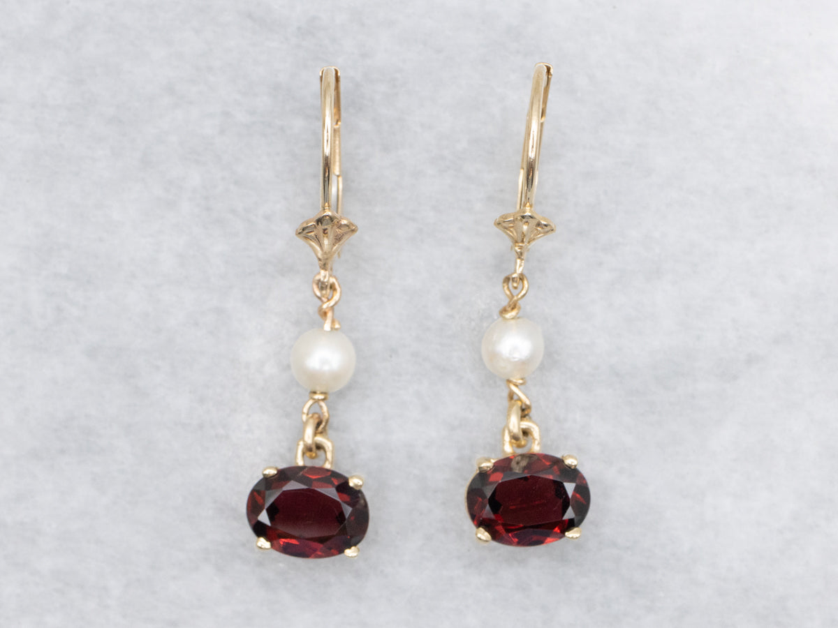 East-to- Set West Garnet and Pearl Drop Earrings