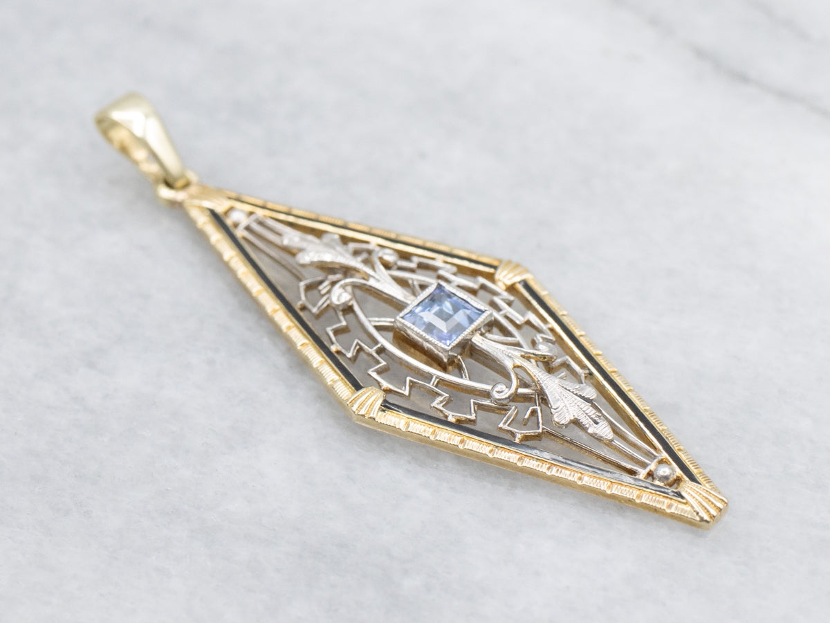 Two Tone Synthetic Blue Sapphire and Black Enamel Art Deco Pendant