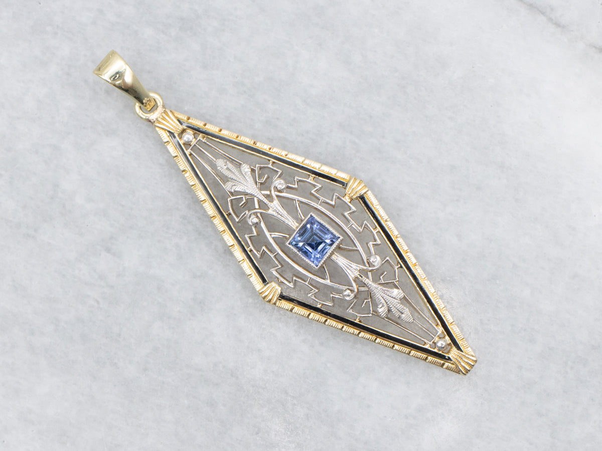 Two Tone Synthetic Blue Sapphire and Black Enamel Art Deco Pendant