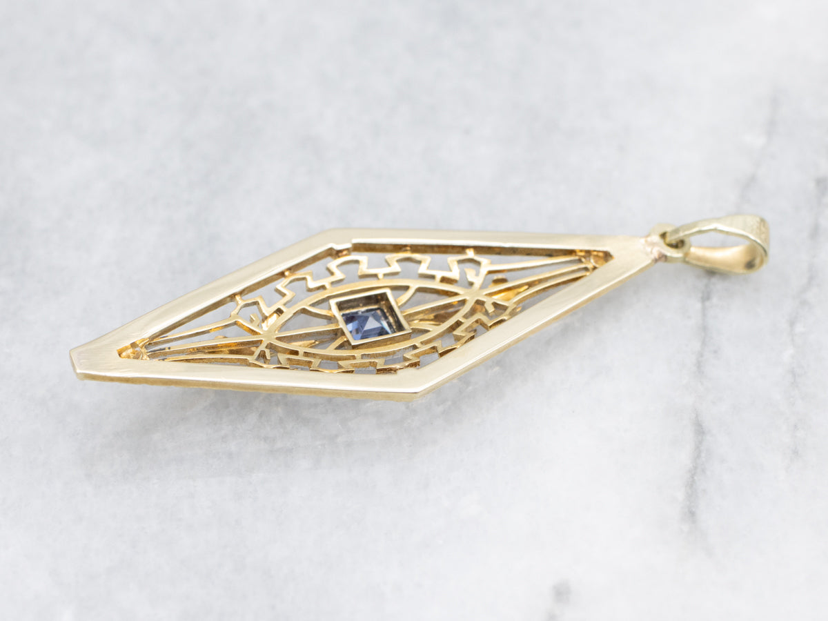 Two Tone Synthetic Blue Sapphire and Black Enamel Art Deco Pendant