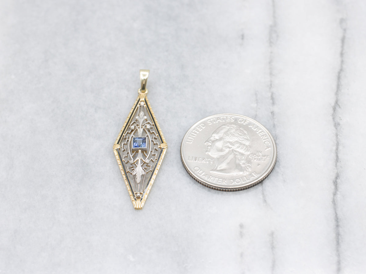 Two Tone Synthetic Blue Sapphire and Black Enamel Art Deco Pendant