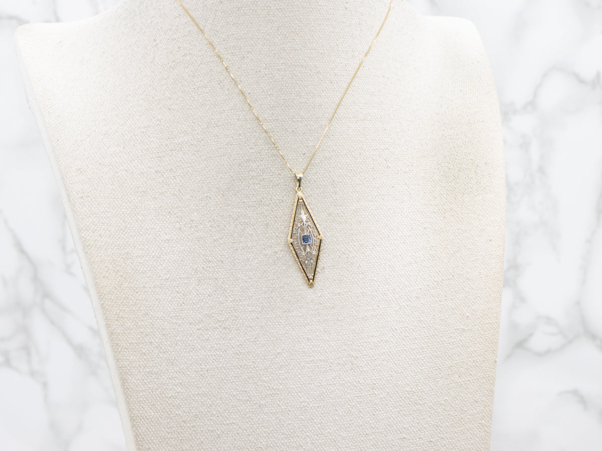 Two Tone Synthetic Blue Sapphire and Black Enamel Art Deco Pendant