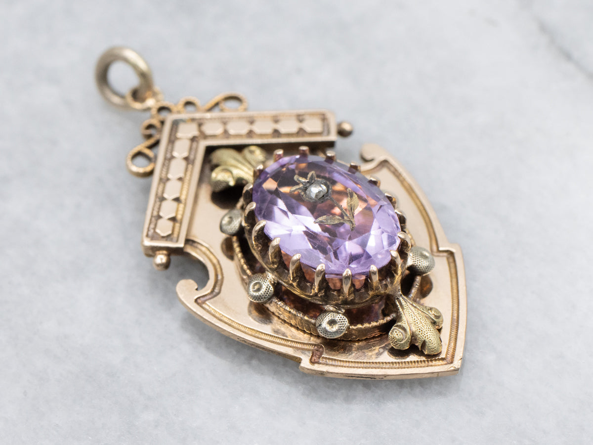 Victorian Rose-Cut Diamond and Carved Amethyst Floral Pendant
