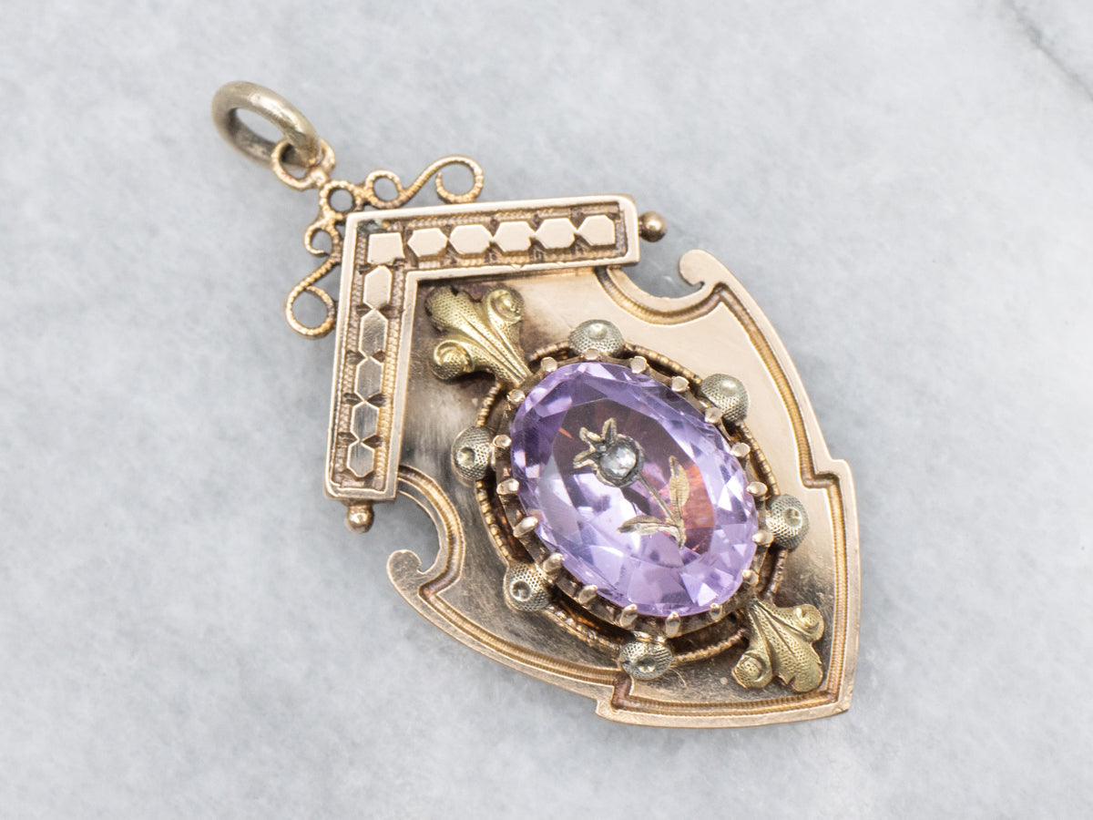 Victorian Rose-Cut Diamond and Carved Amethyst Floral Pendant
