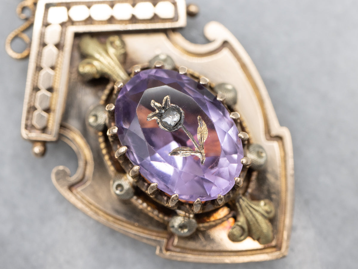 Victorian Rose-Cut Diamond and Carved Amethyst Floral Pendant