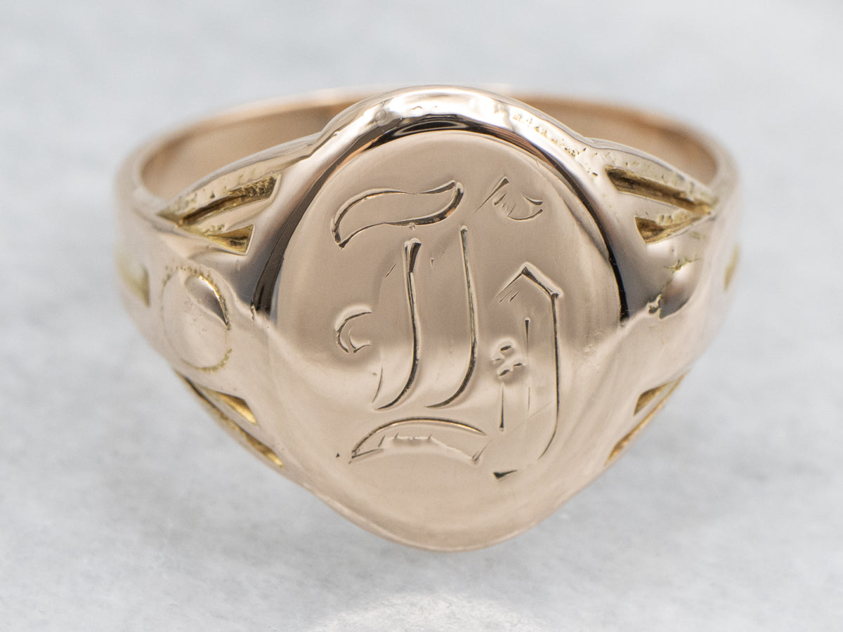 Engraved Old English Letter "T" Gold Signet Ring