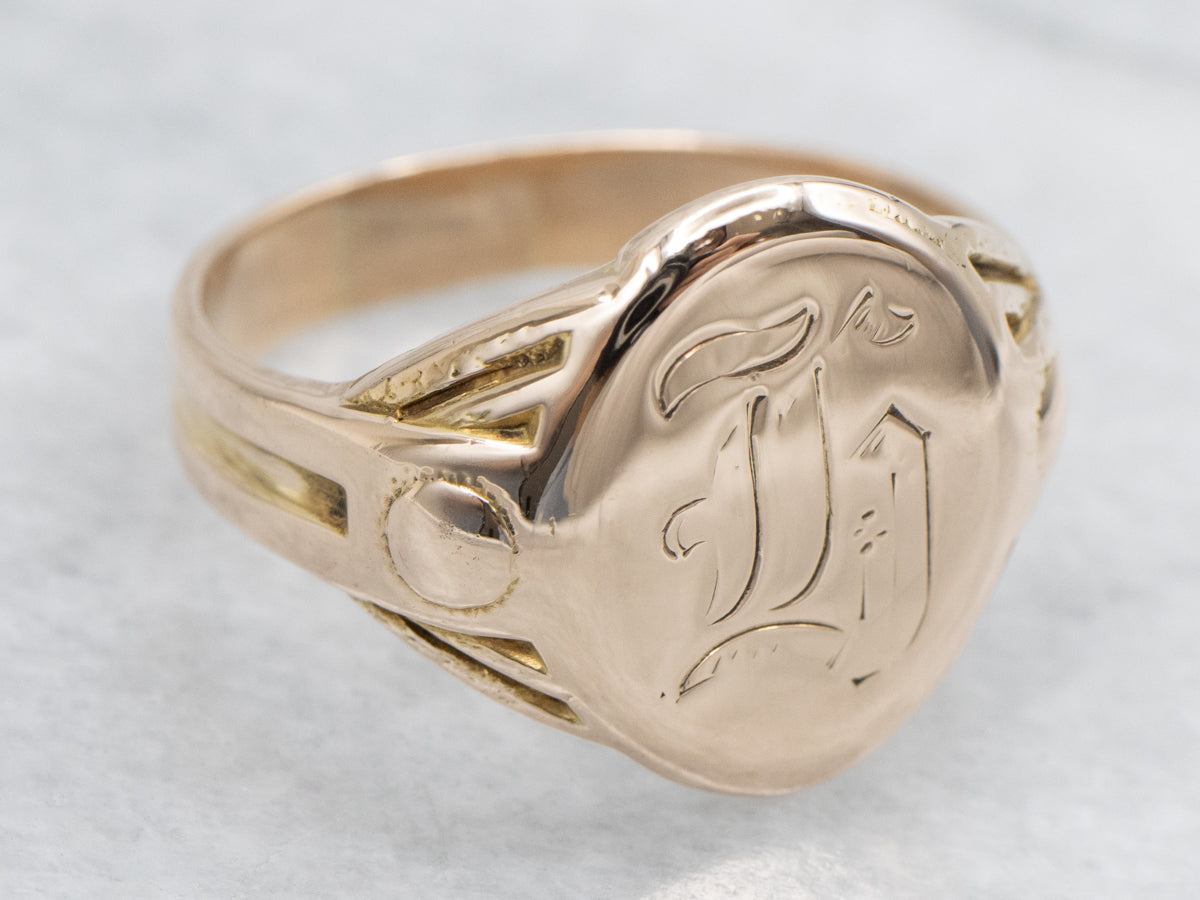 Engraved Old English Letter "T" Gold Signet Ring