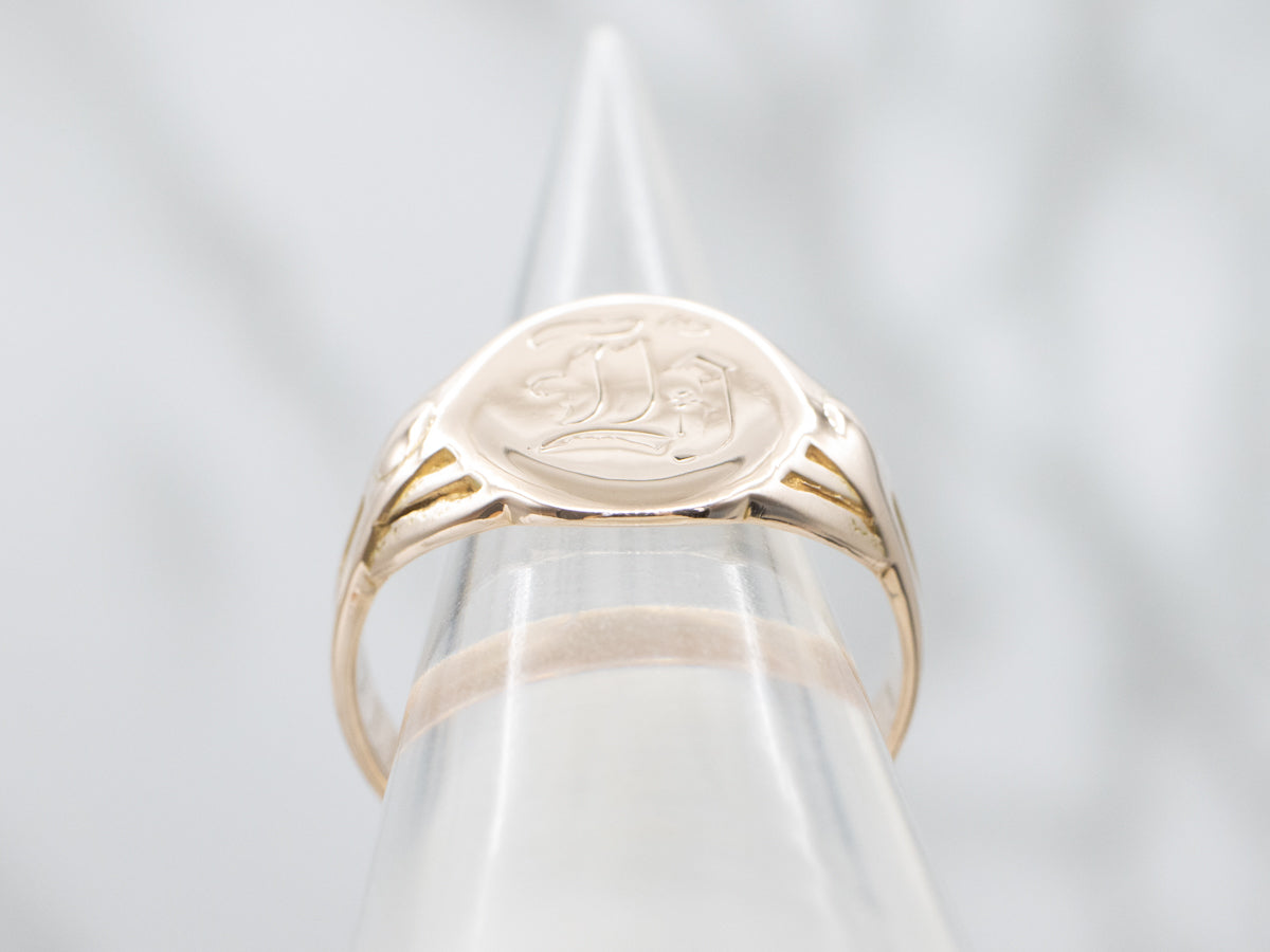 Engraved Old English Letter "T" Gold Signet Ring