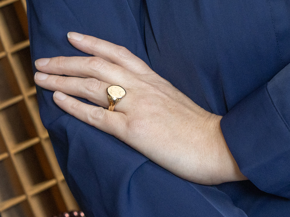 Engraved Old English Letter "T" Gold Signet Ring