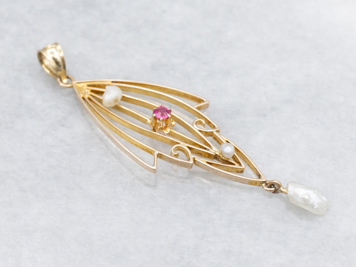 Antique Ruby and Natural Pearl Lavalier Pendant