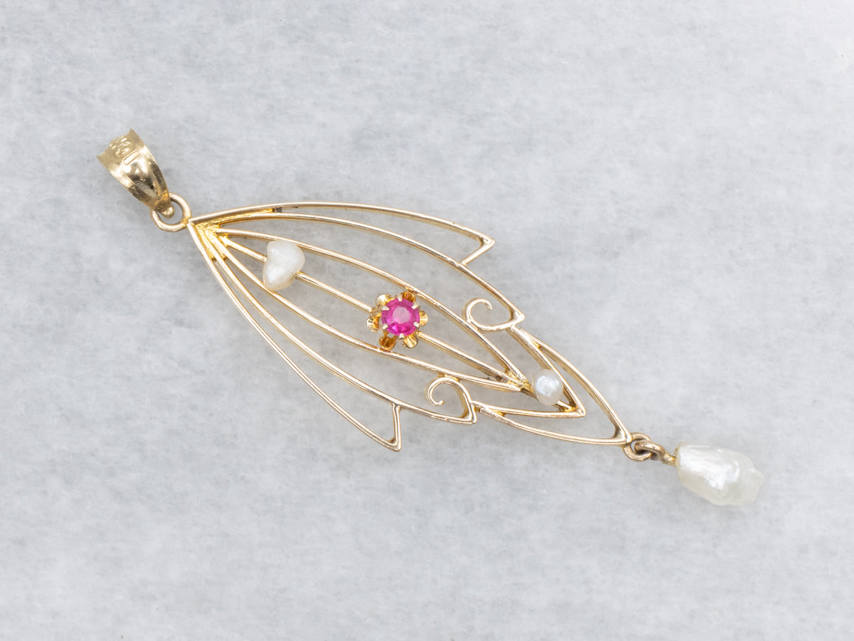 Antique Ruby and Natural Pearl Lavalier Pendant