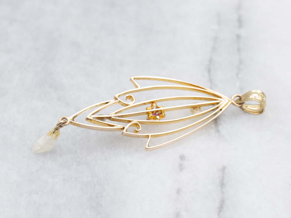 Antique Ruby and Natural Pearl Lavalier Pendant