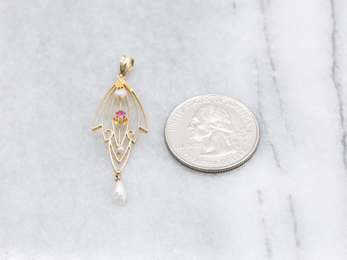 Antique Ruby and Natural Pearl Lavalier Pendant