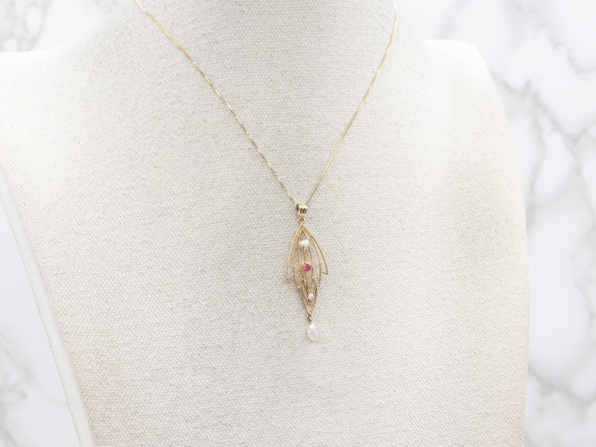 Antique Ruby and Natural Pearl Lavalier Pendant