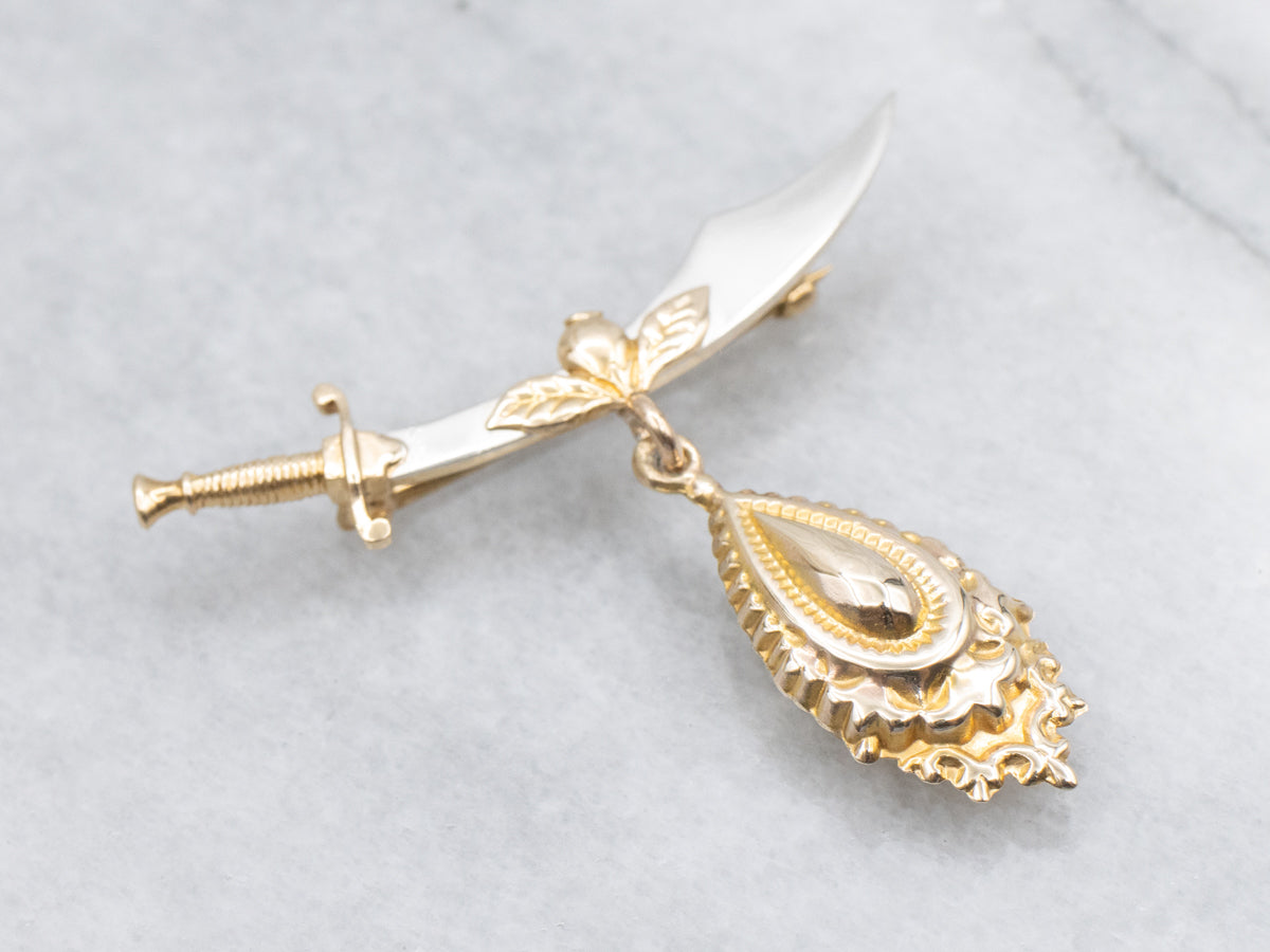Antique Gold Sword Pin with Puffed Gold Drop