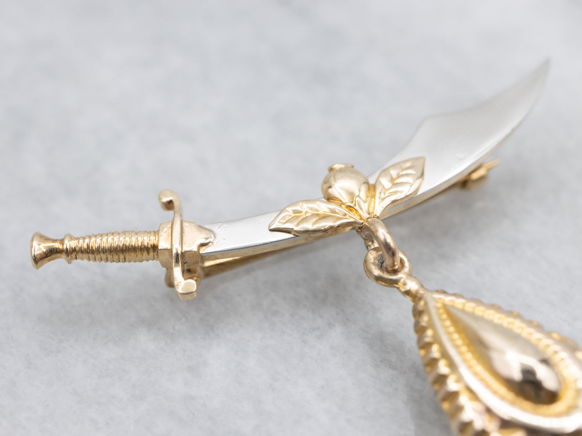 Antique Gold Sword Pin with Puffed Gold Drop