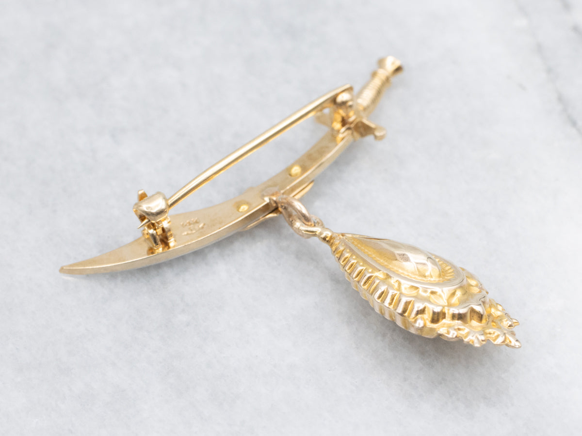 Antique Gold Sword Pin with Puffed Gold Drop