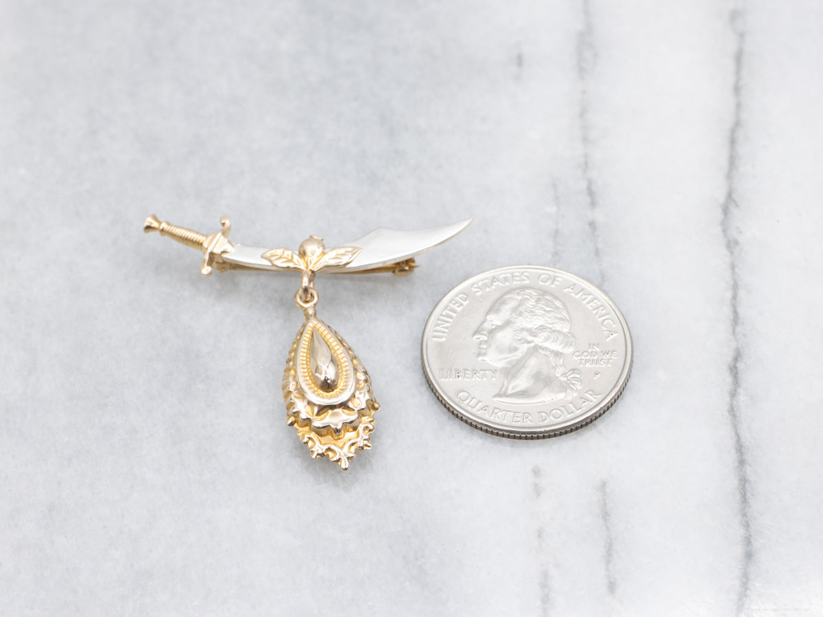 Antique Gold Sword Pin with Puffed Gold Drop