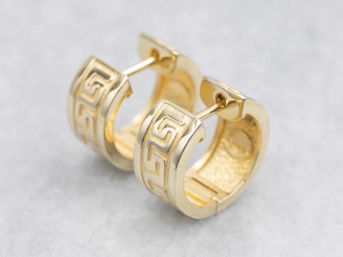 Greek Key Patterned Gold Hoop Earrings