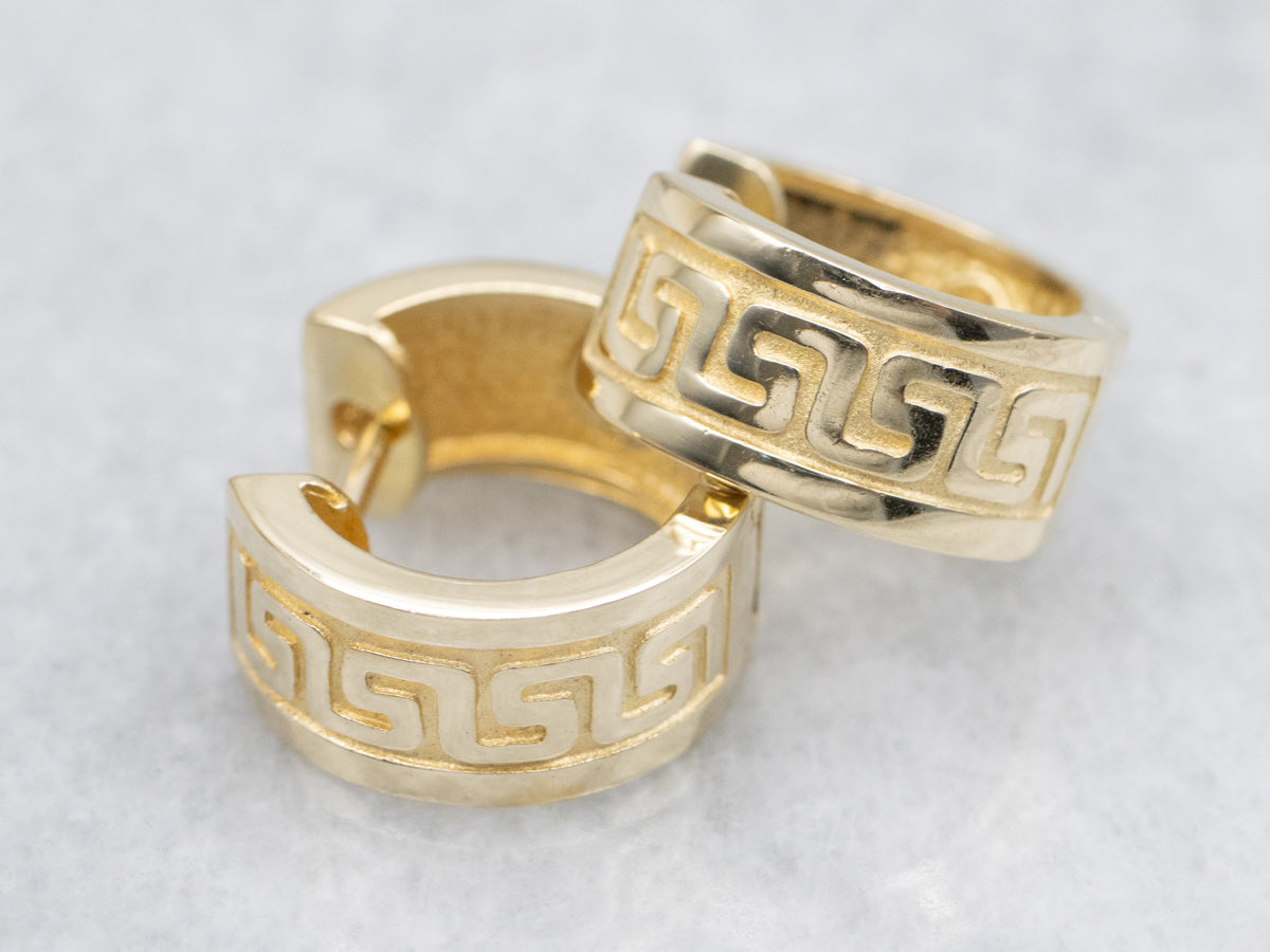 Greek Key Patterned Gold Hoop Earrings