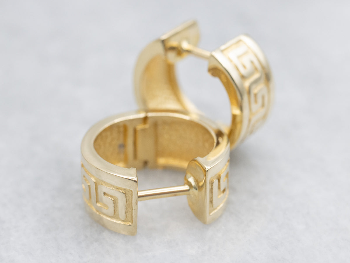 Greek Key Patterned Gold Hoop Earrings