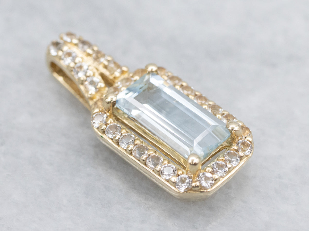 Modern Aquamarine and White Topaz Halo Gold Pendant