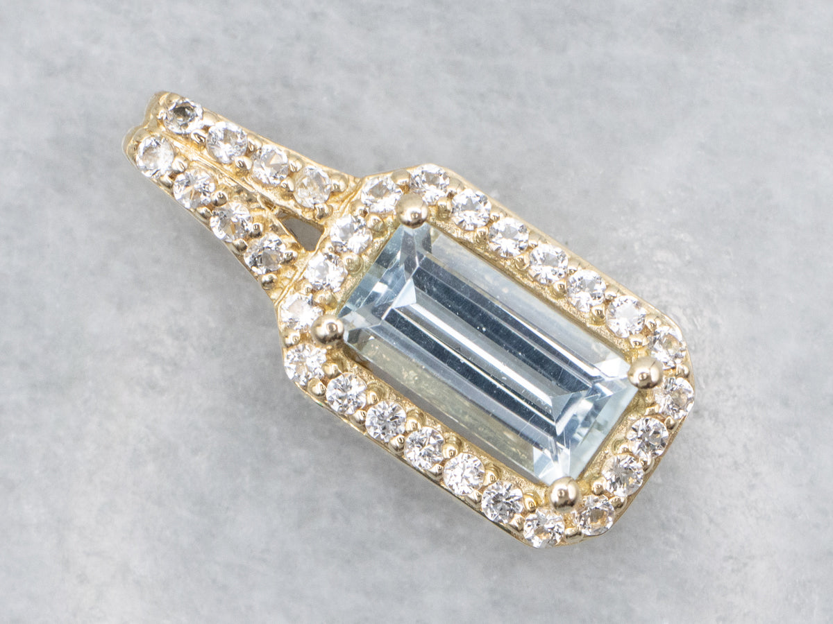 Modern Aquamarine and White Topaz Halo Gold Pendant