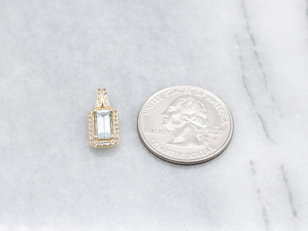 Modern Aquamarine and White Topaz Halo Gold Pendant