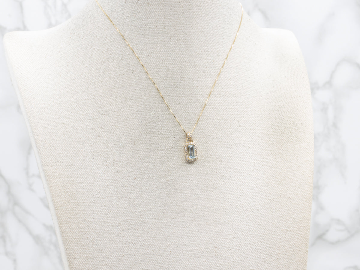 Modern Aquamarine and White Topaz Halo Gold Pendant