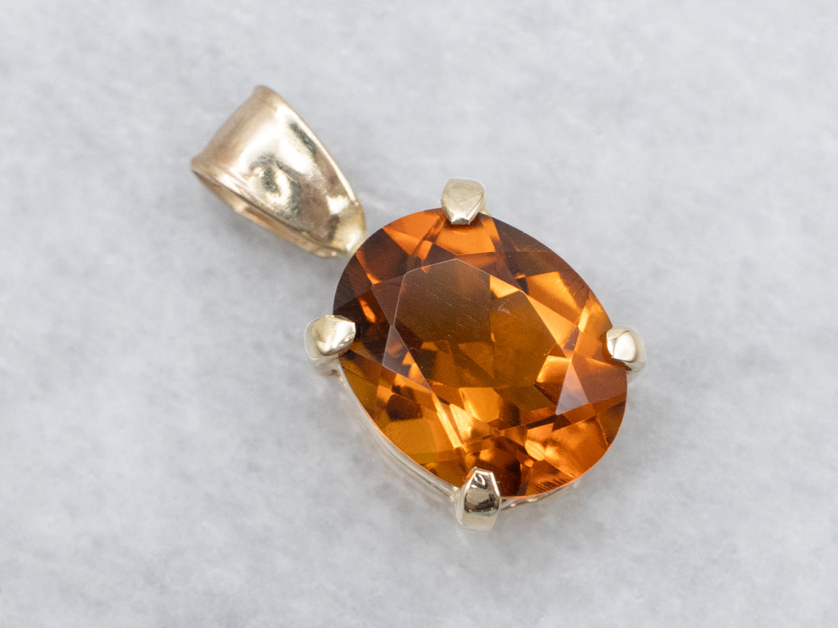 Orange Citrine Yellow Gold Solitaire Pendant