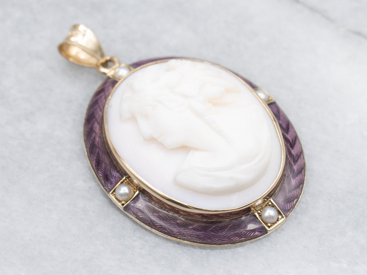 Vintage Enamel and Seed Pearl Pink Cameo Pendant