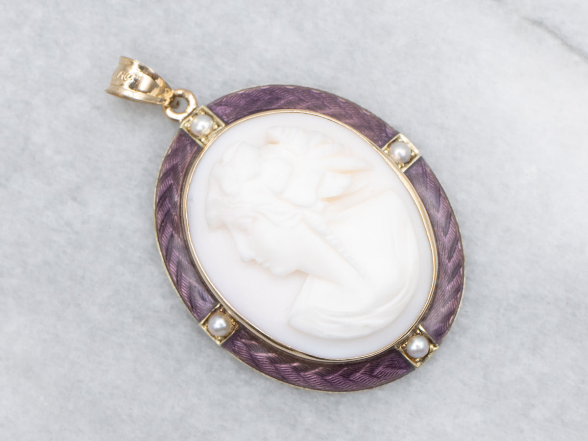 Vintage Enamel and Seed Pearl Pink Cameo Pendant