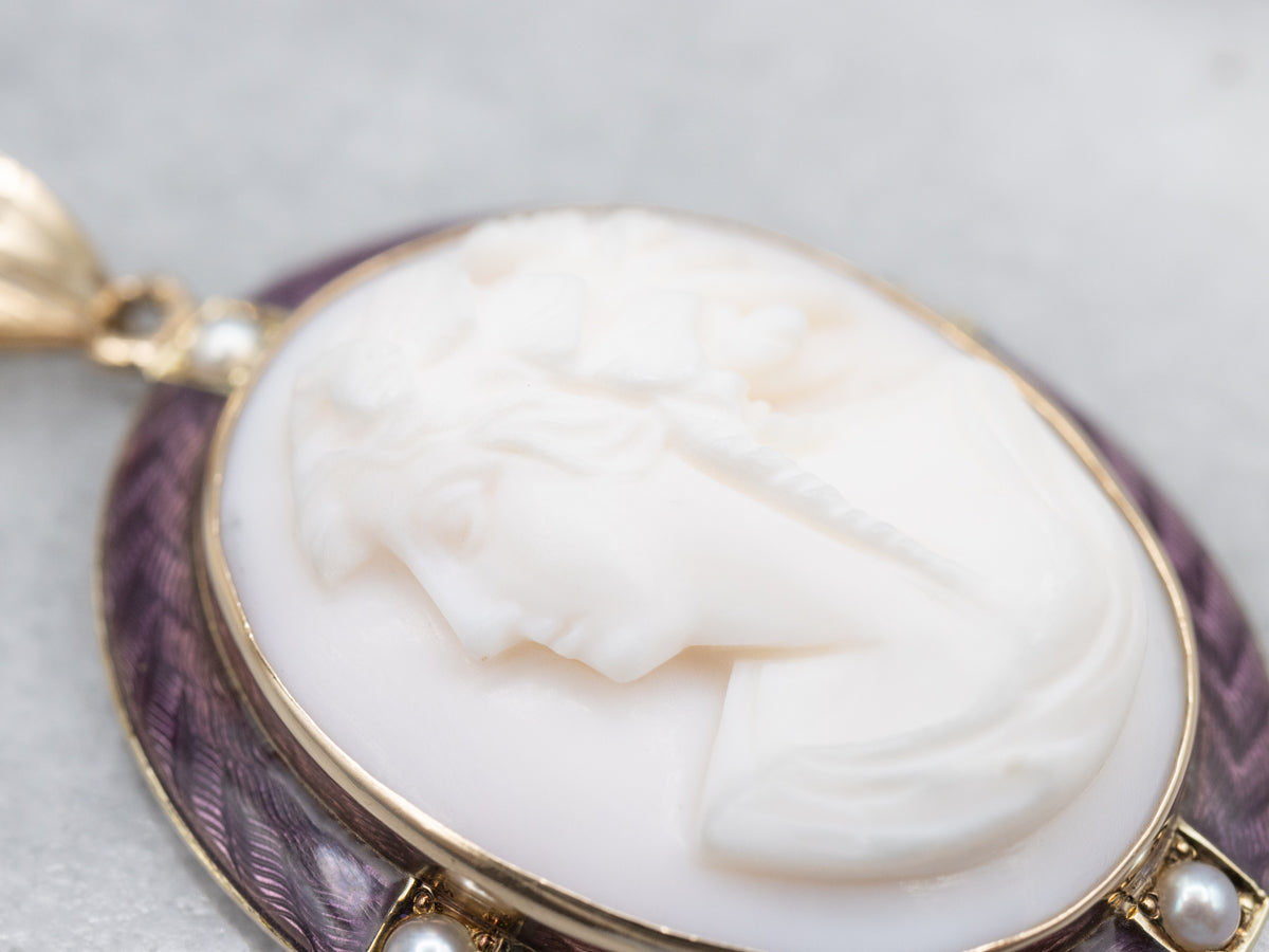 Vintage Enamel and Seed Pearl Pink Cameo Pendant