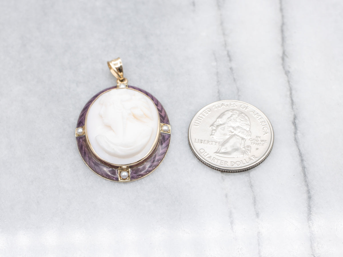Vintage Enamel and Seed Pearl Pink Cameo Pendant