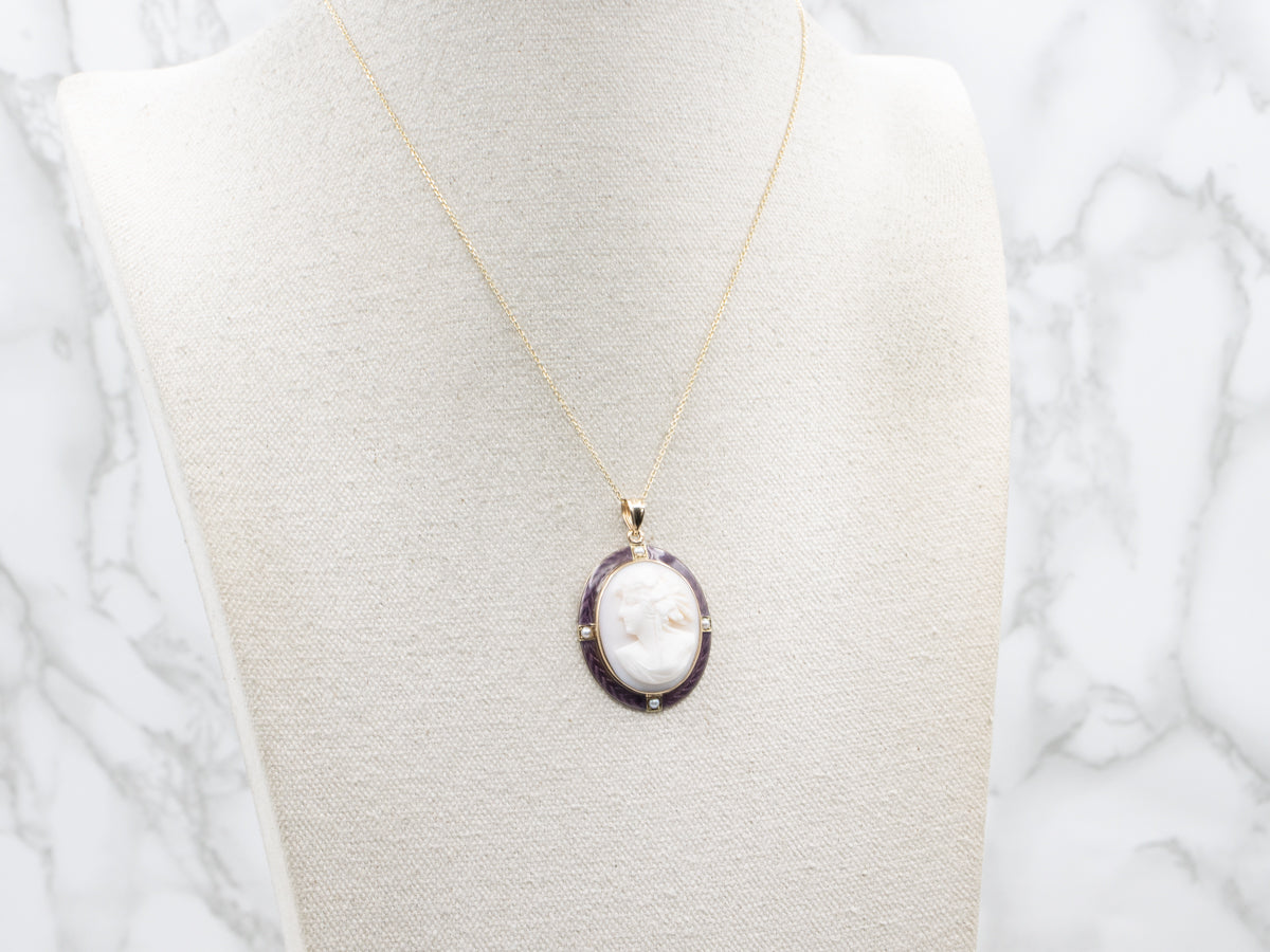 Vintage Enamel and Seed Pearl Pink Cameo Pendant