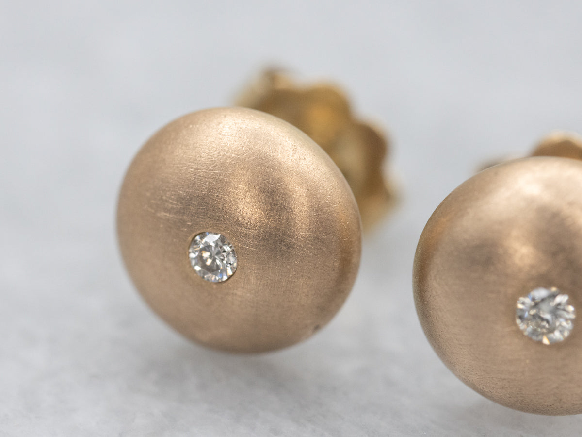 Brushed Gold Bezel Set Diamond Round Stud Earrings