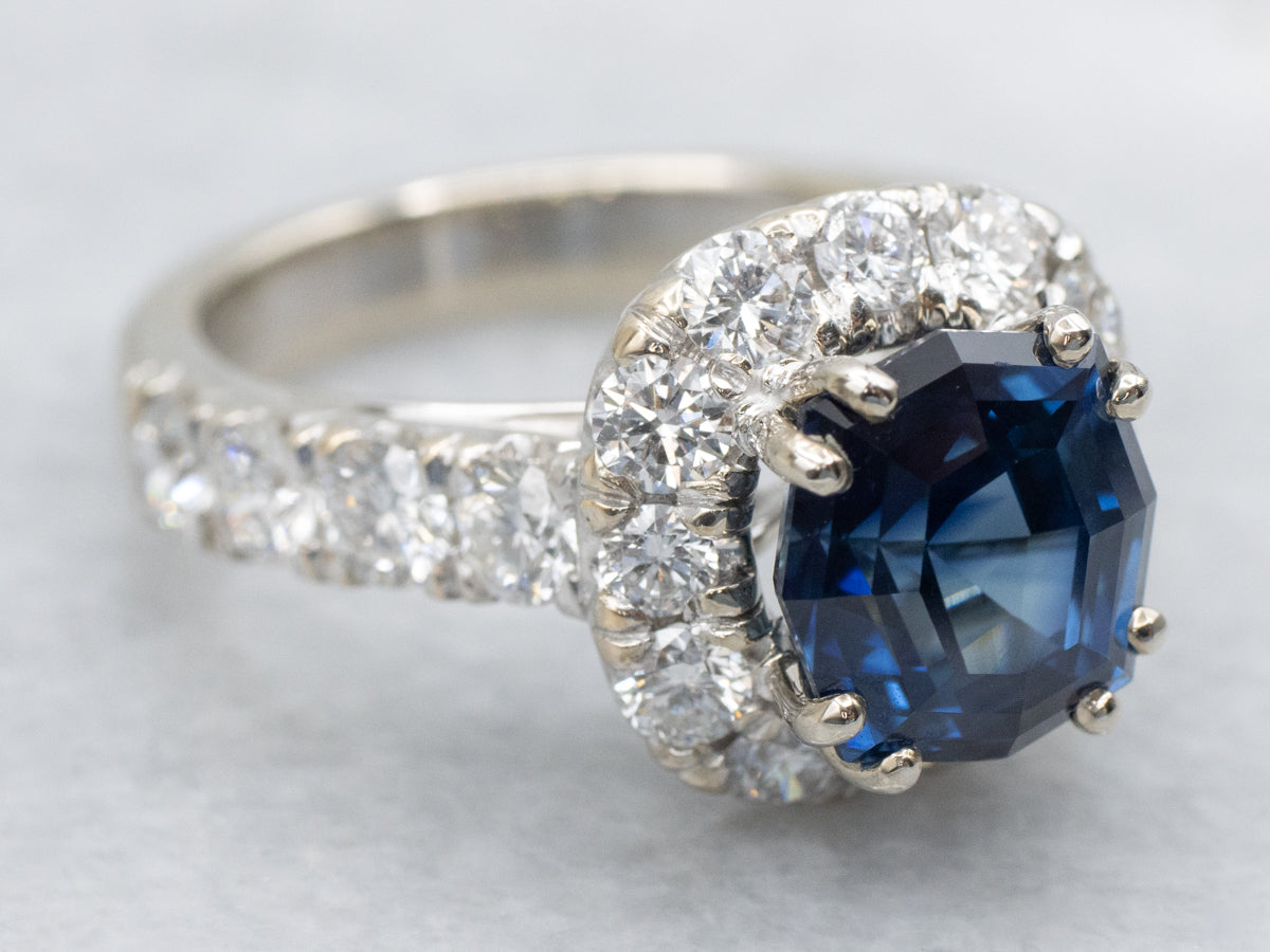 Modern Sapphire and Diamond Halo Ring