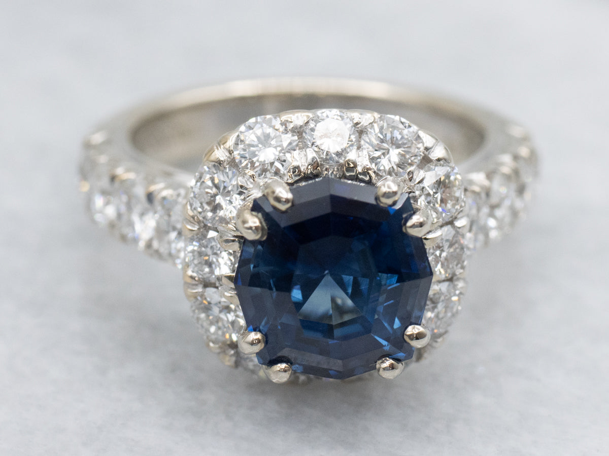 Modern Sapphire and Diamond Halo Ring