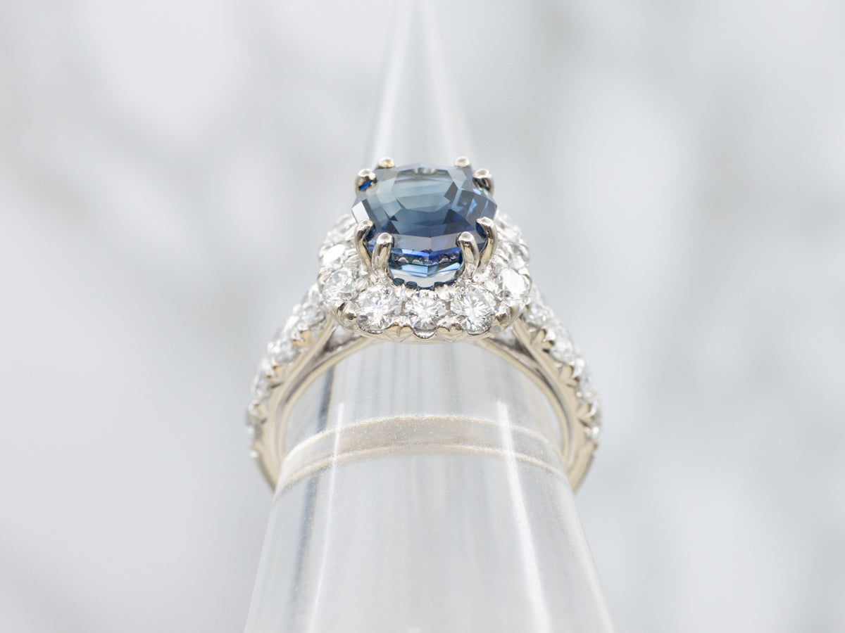 Modern Sapphire and Diamond Halo Ring
