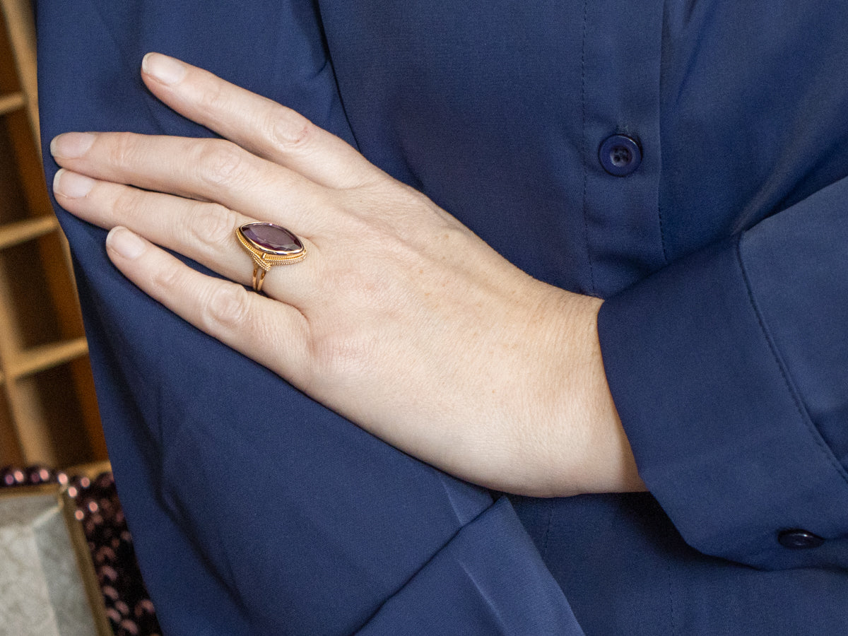 Marquis-Cut Synthetic Alexandrite and Gold Ring