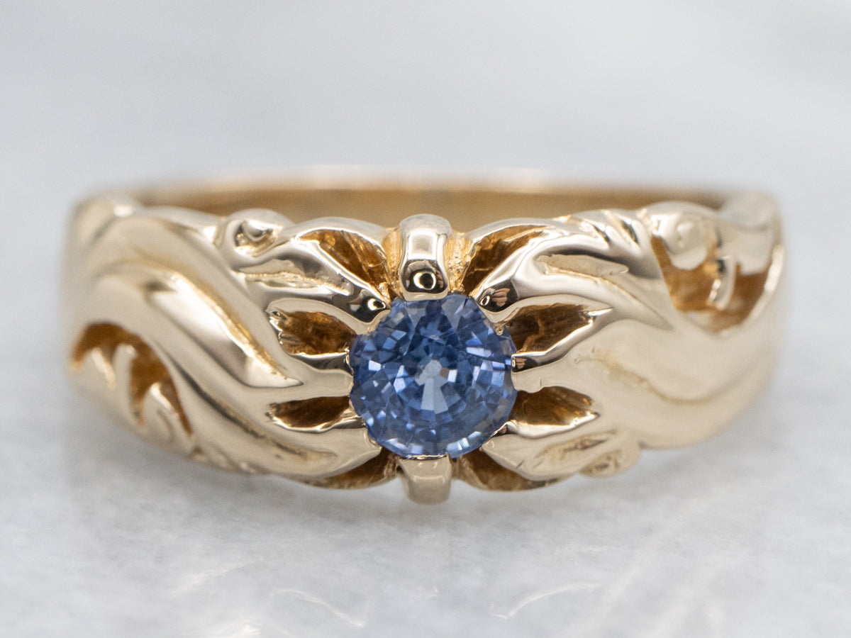 Scrolling 1920s Carved Belcher-Set Sapphire Solitaire Ring