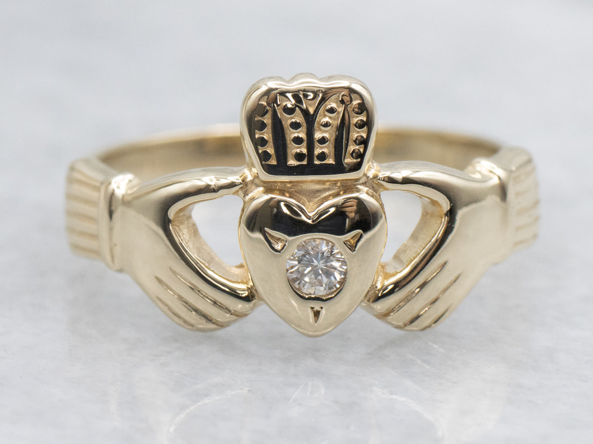 Polished Yellow Gold Diamond Claddagh Ring
