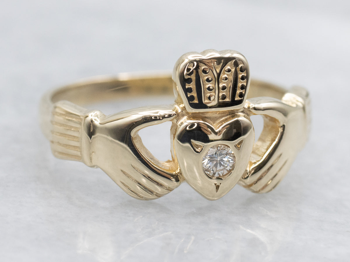 Polished Yellow Gold Diamond Claddagh Ring