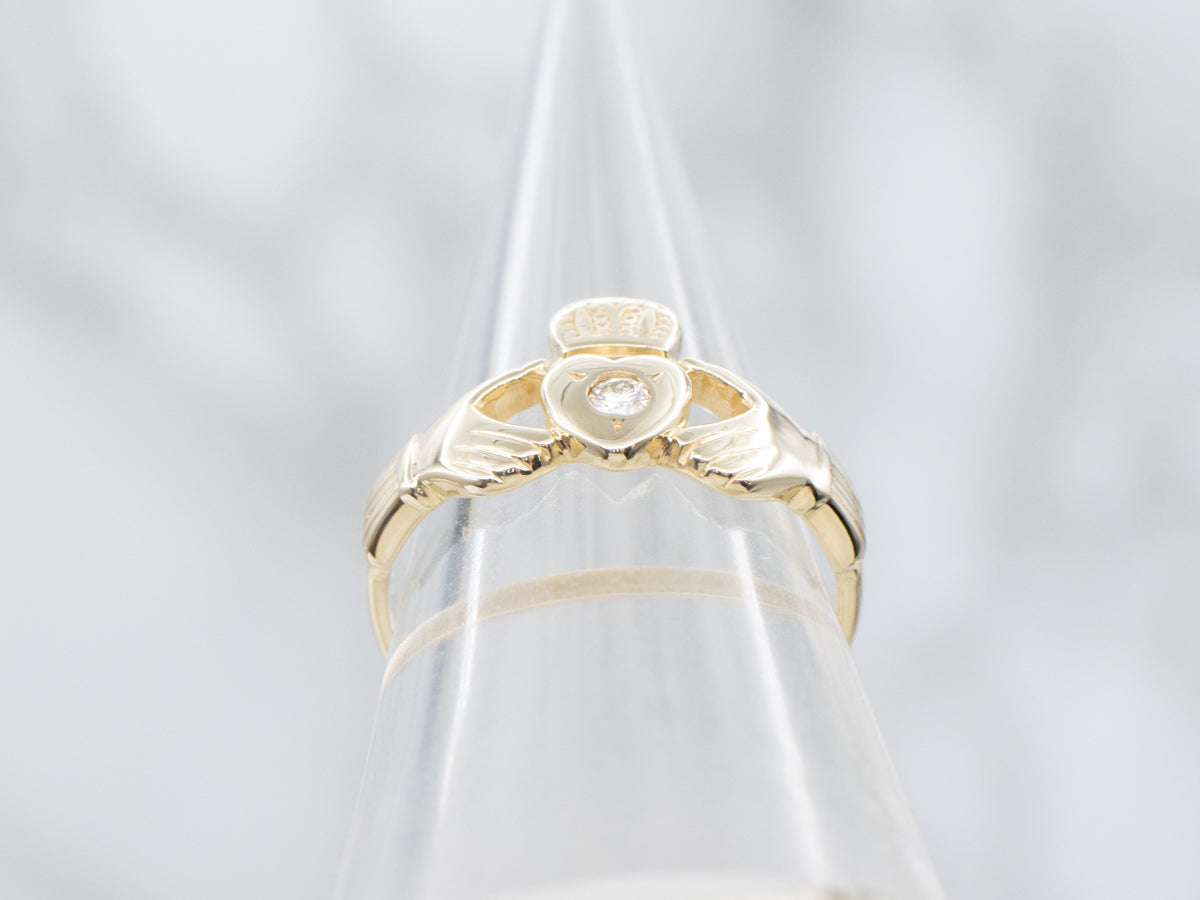 Polished Yellow Gold Diamond Claddagh Ring