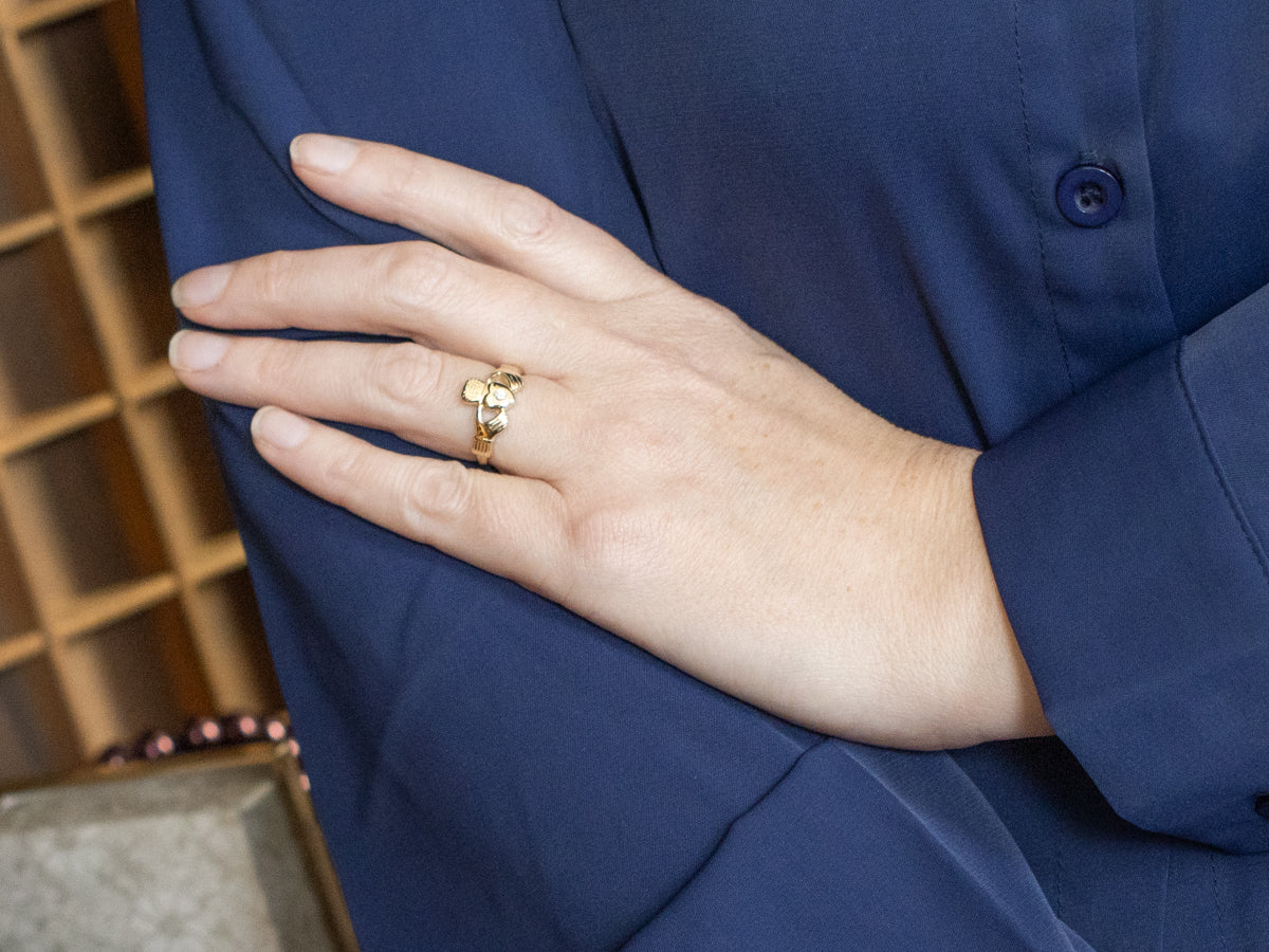 Polished Yellow Gold Diamond Claddagh Ring